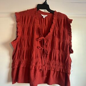Time and Tru Rust Red Sleeveless Tie-Front Ruffle Blouse